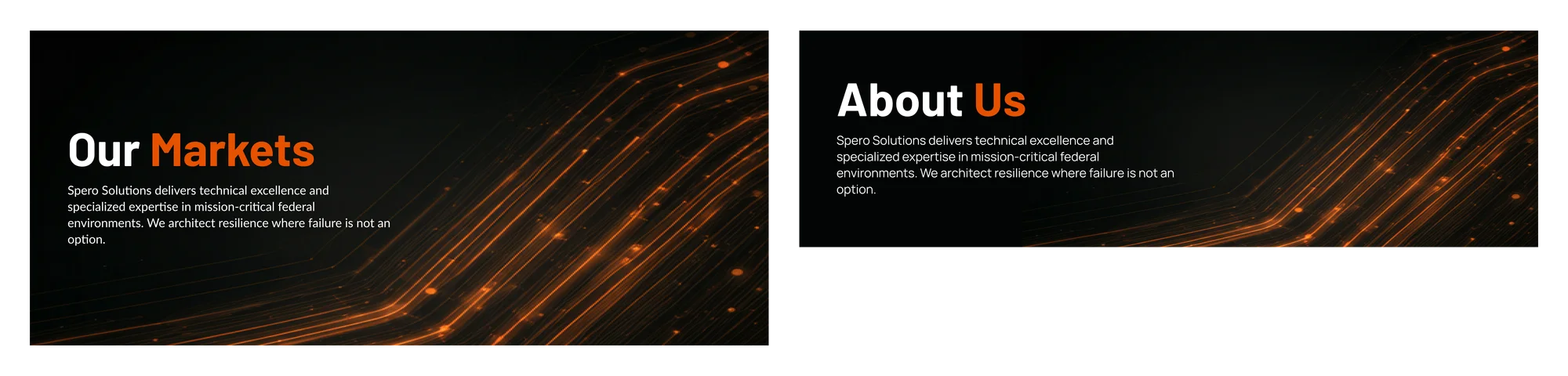 Abstract orange light patterns behind Spero headers, comparing a taller Our Markets header with a compact About Us header.