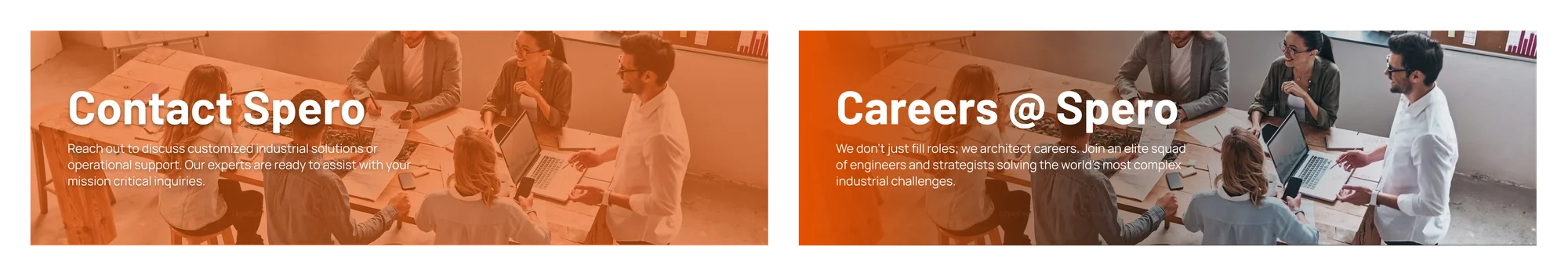 Compact photographic Spero headers comparing a full orange overlay on Contact Spero with an orange gradient on Careers at Spero.