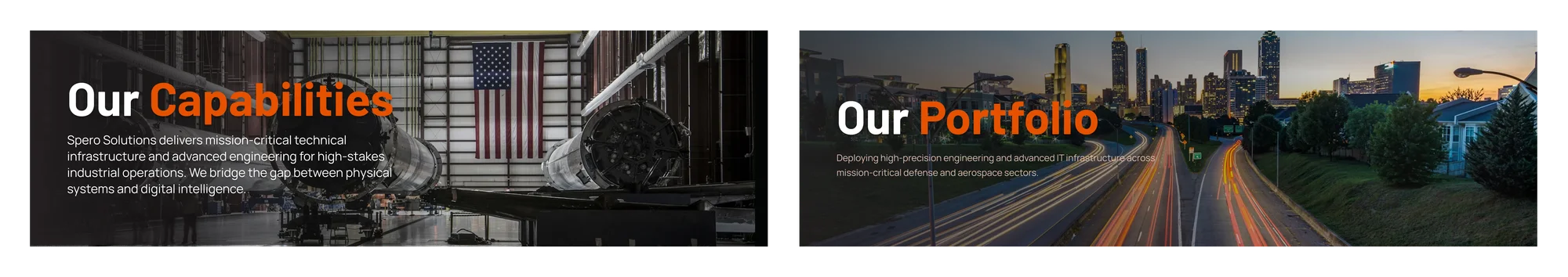 Selected photographic header treatment with subtle dark gradients behind the Our Capabilities and Our Portfolio titles and supporting text.