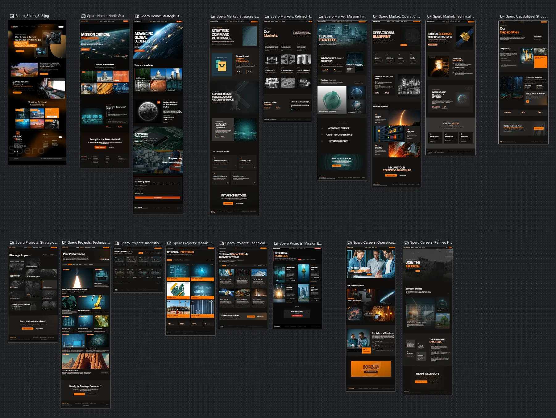 Agency concept at far left, followed by Stitch explorations grouped into home, markets, capabilities, projects, and careers pages.