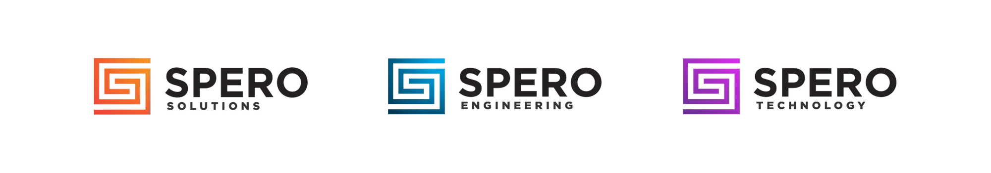 Three Spero identities: orange Solutions, blue Engineering, and purple Technology.
