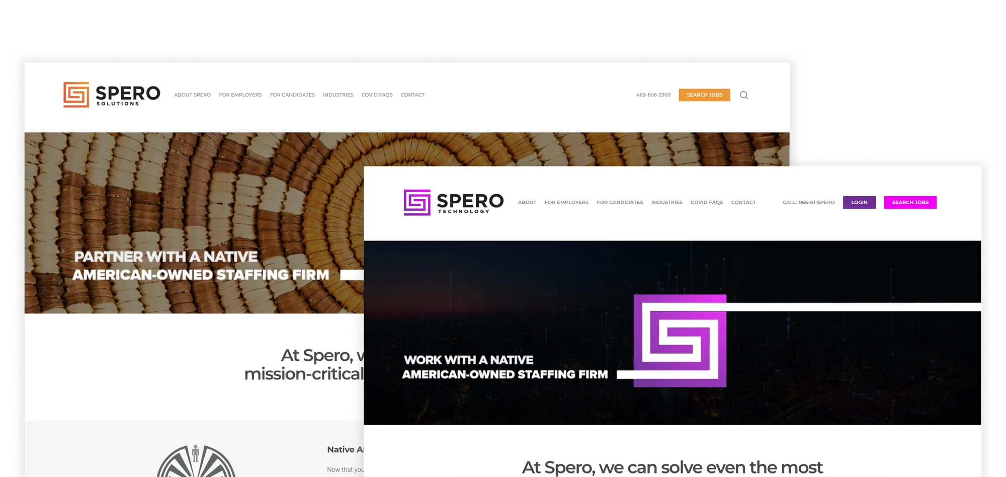 Archived Spero Solutions and Technology homepages with similar navigation, layouts, and messaging under different branding.