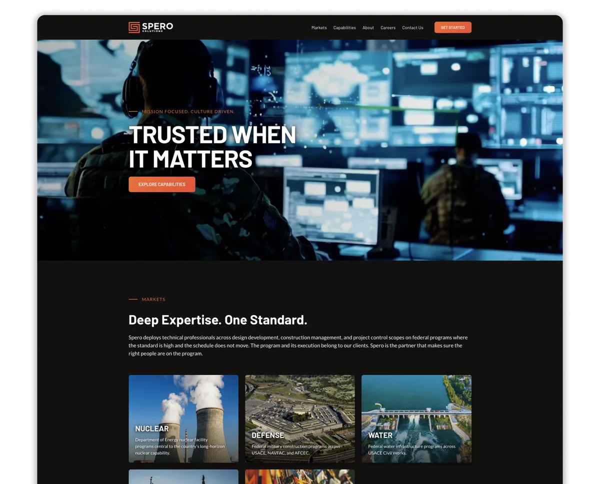 Spero Solutions desktop website showing its homepage and government markets.