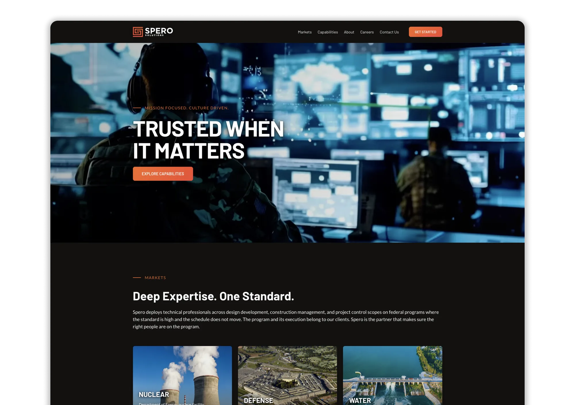 Spero Solutions desktop homepage showing the hero and government market cards.