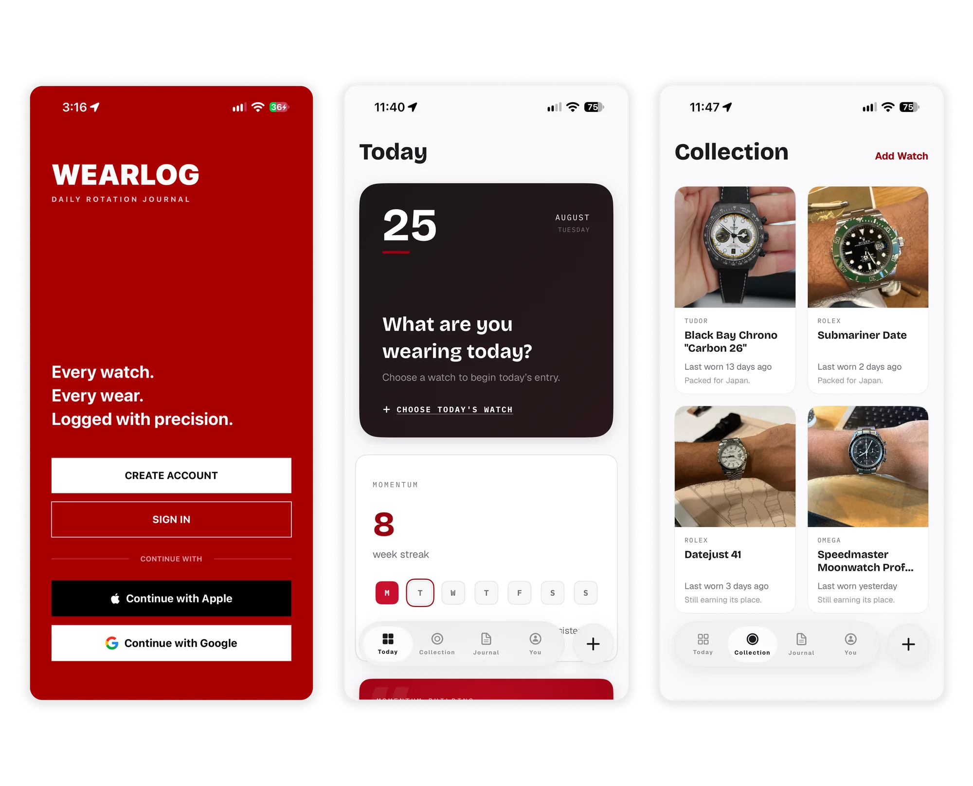 WearLog app screens showing sign-in, today’s wear, and the watch collection.