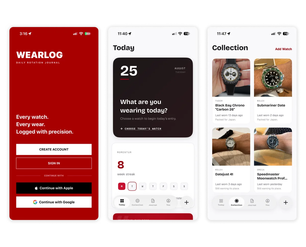WearLog app screens showing sign-in, today’s wear, and the watch collection.